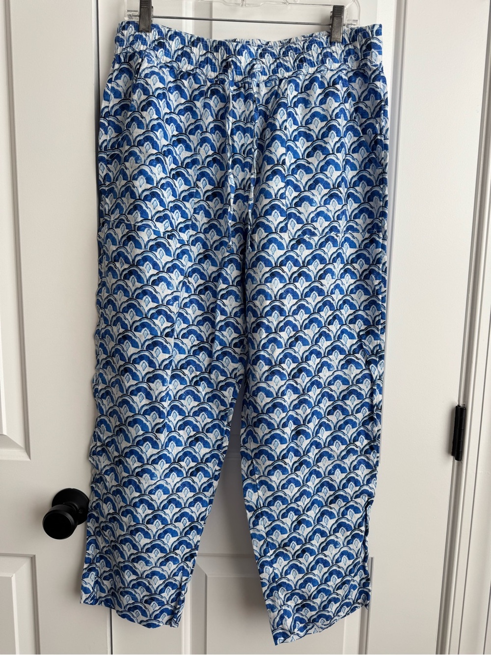 Sigrid Olsen 100% Linen Blue White Geometric Wave Pants L